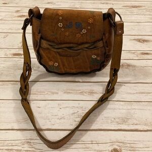 Vintage Stitched and Hand Tooled Brown Leather Saddle Bag
